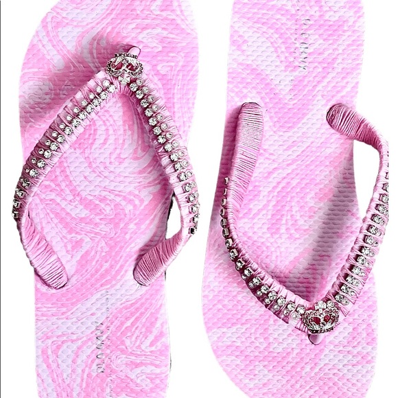 Pink Princess Flip Flops SZ 5/6, Crystal Trimmings, Crown Rhinestone Buttons - Picture 2 of 15
